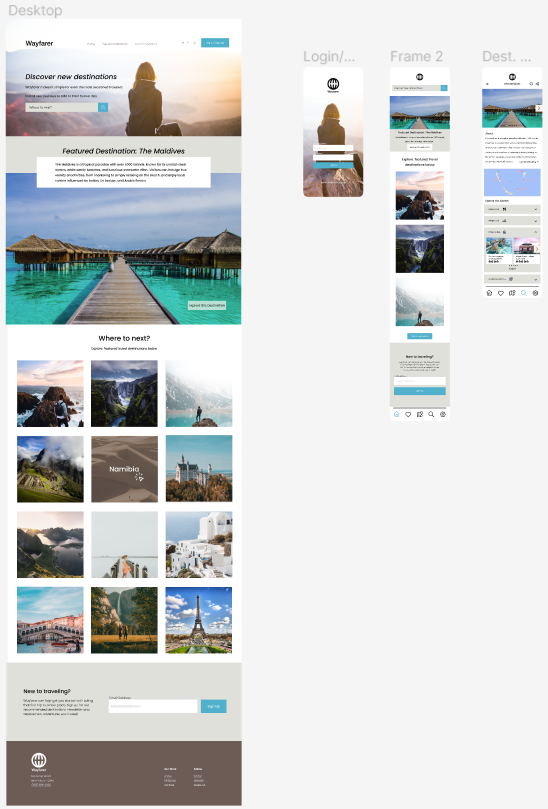 Wayfarer high-fidelity prototype: desktop landing page and iOS app screens